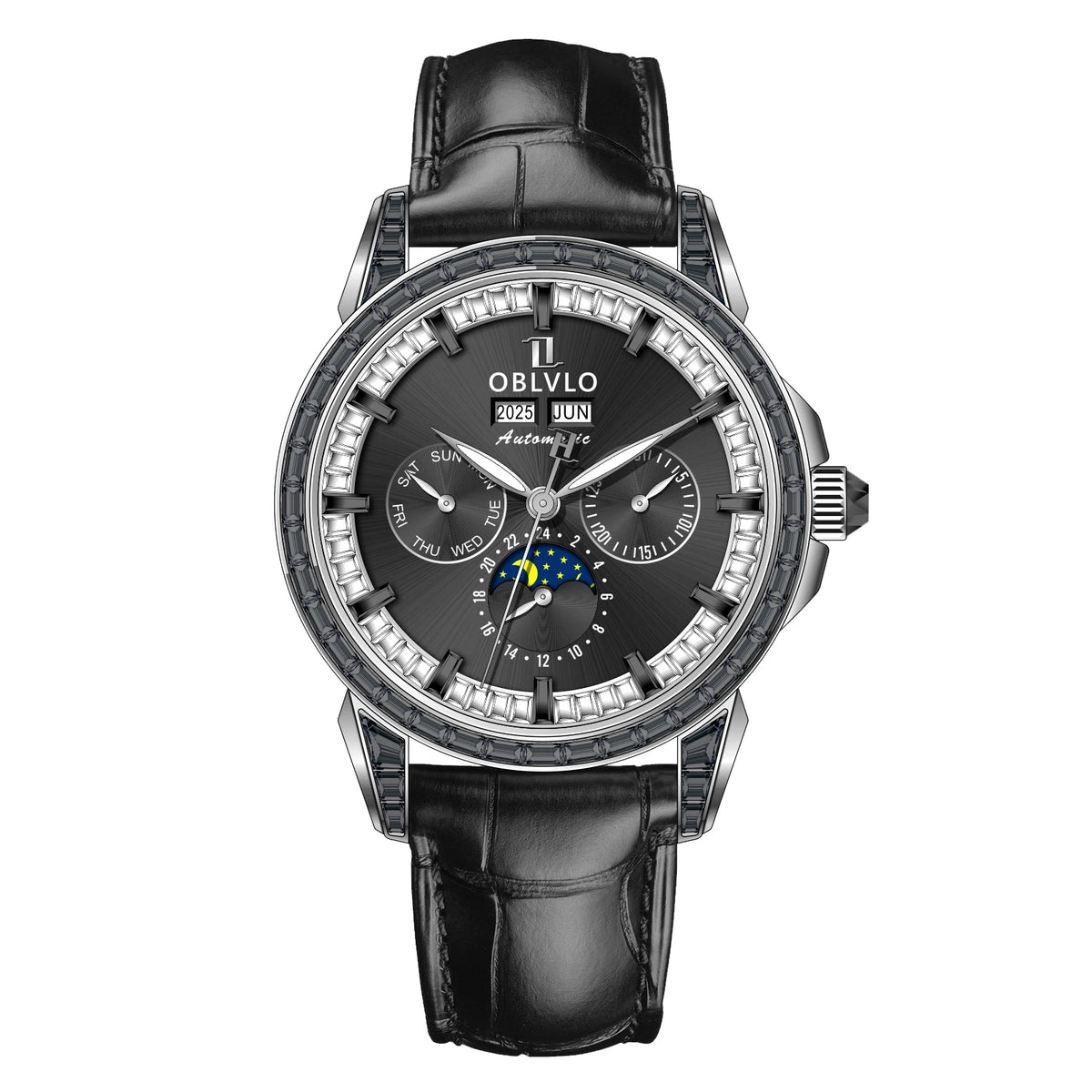 OBLVLO Men's Fashion Automatic Watch Colorful Zircon Moonphase Mechanical Multifunctional Black Leather Strap Timepiece GCM-MUT