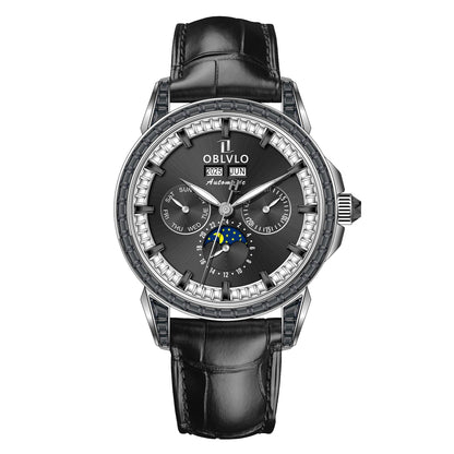 OBLVLO Men's Fashion Automatic Watch Colorful Zircon Moonphase Mechanical Multifunctional Black Leather Strap Timepiece GCM-MUT
