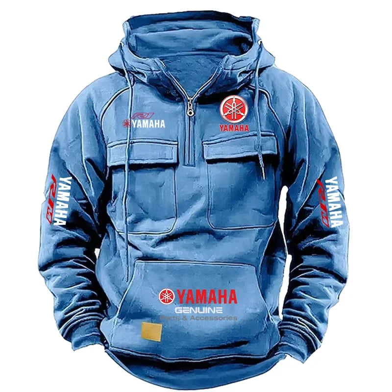 2026 New YAMAHA Logo Men Retro Velvet Half Zip Hoodie Multi Pocket Motorcycle Racing Sweatshirt Autumn Winter Casual Outerwear