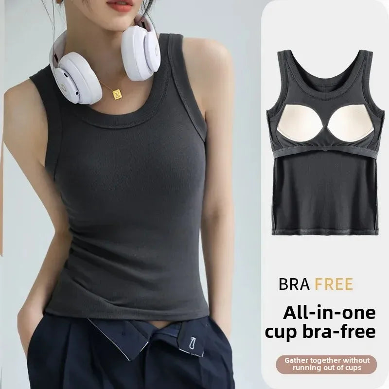Seamless Built-in Bra Tank Top for Women Wirefree Sports Bra Summer Sleeveless Shirt, Breathable Workout Vest with T-Shirt Combo