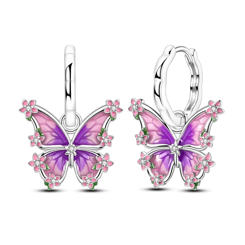 Original 925 Sterling Silver Earrings Sparkling Shining Dreamy Butterfly Hoop Earring for Women Girl Party Birthday Jewelry Gift
