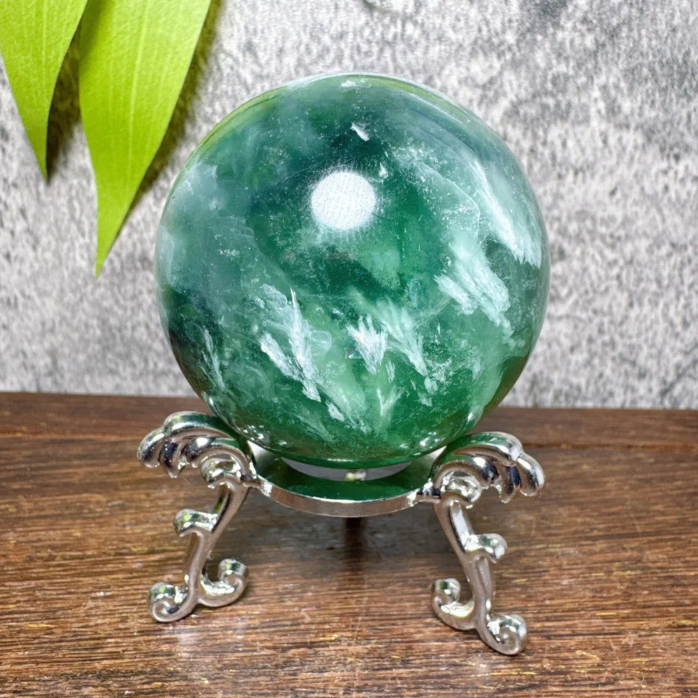 Natural Blue Snowflake Feather Fluorite Spheres Stone Healing Crystal Reiki Energy Home Scene Decorations Gifts+Stand