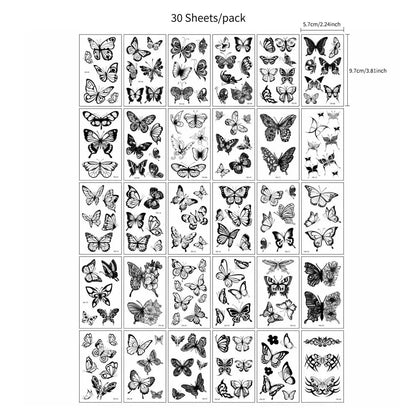 30pcs Black Small Temporary Tattoo Stickers for Men Women Waterproof Butterfly Flower Moon Fake Tattoo Stickers for Hand Body