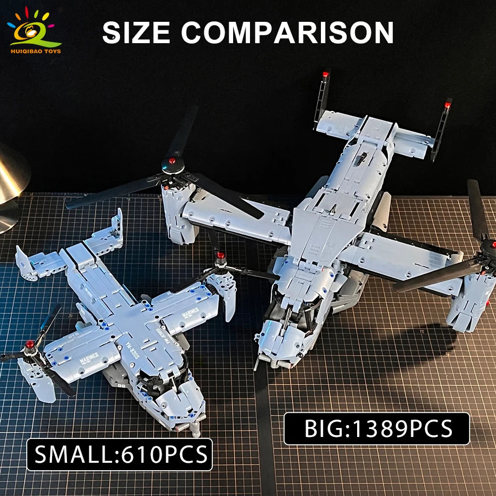 HUIQIBAO MOC V-22 Tiltrotor Aircraft Helicopter Building Block Children Military Airplane Model Bricks Toy Home Decor.