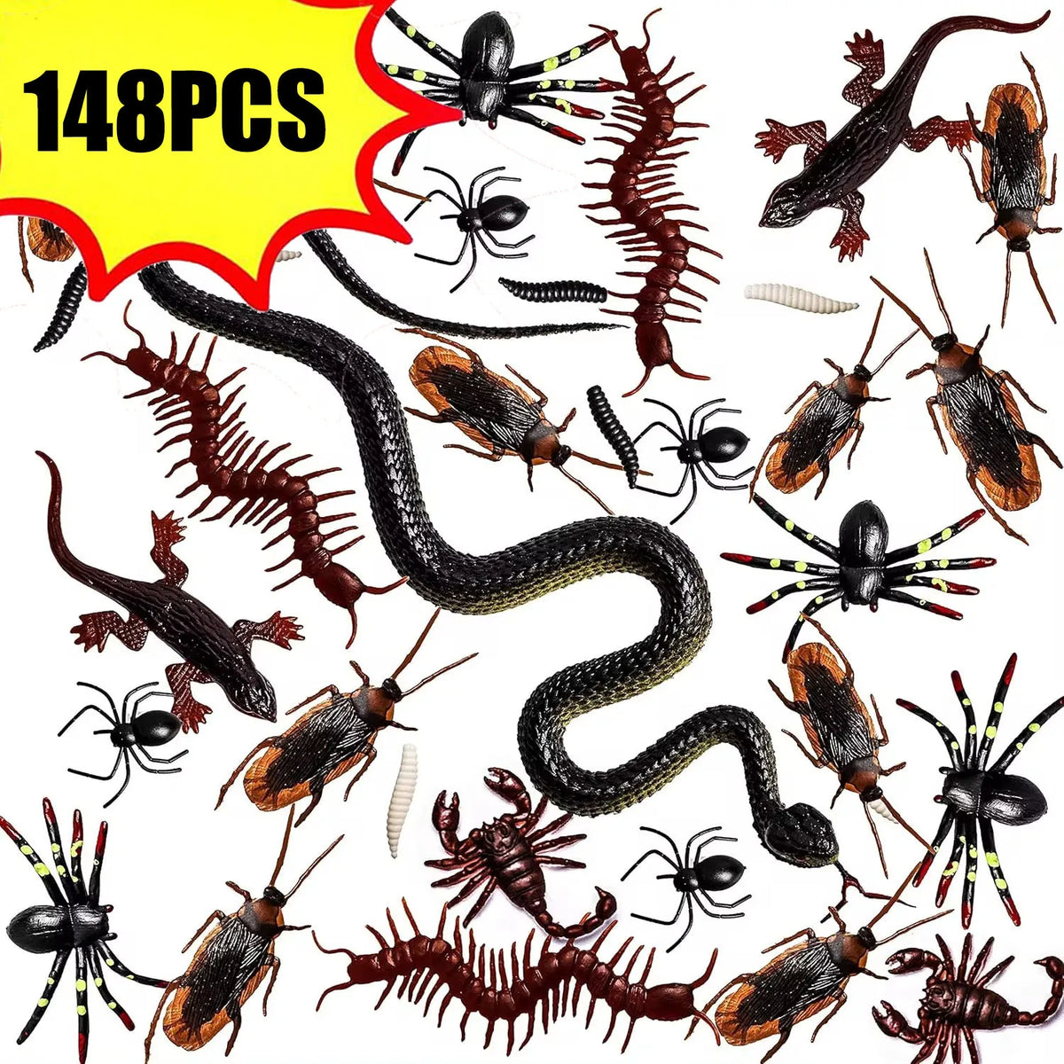 148pcs Halloween Fake Insect Cock Bugs Spider Funny for Halloween Party Decoration Haunted House Scary Props