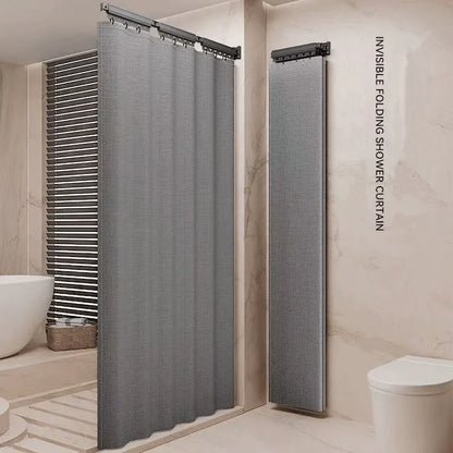 Foldable Shower Curtain Rod Set, Waterproof High-End Bathroom Partition for Wet and Dry Separation, with a Folding Rack