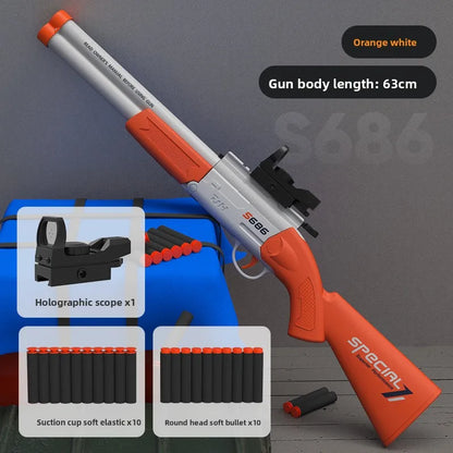 S686 Pump Action Blaster Double Barrel Soft Dart Blaster Manual Foam Bullet Plastic Toy Gun with Holographic Sight Cos Prop