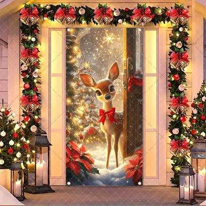 Christmas Humorous Santa Claus And Elk Door Banner Party Decorations Indoor Outdoor Veranda Door Cover Supplies Festive Gifts