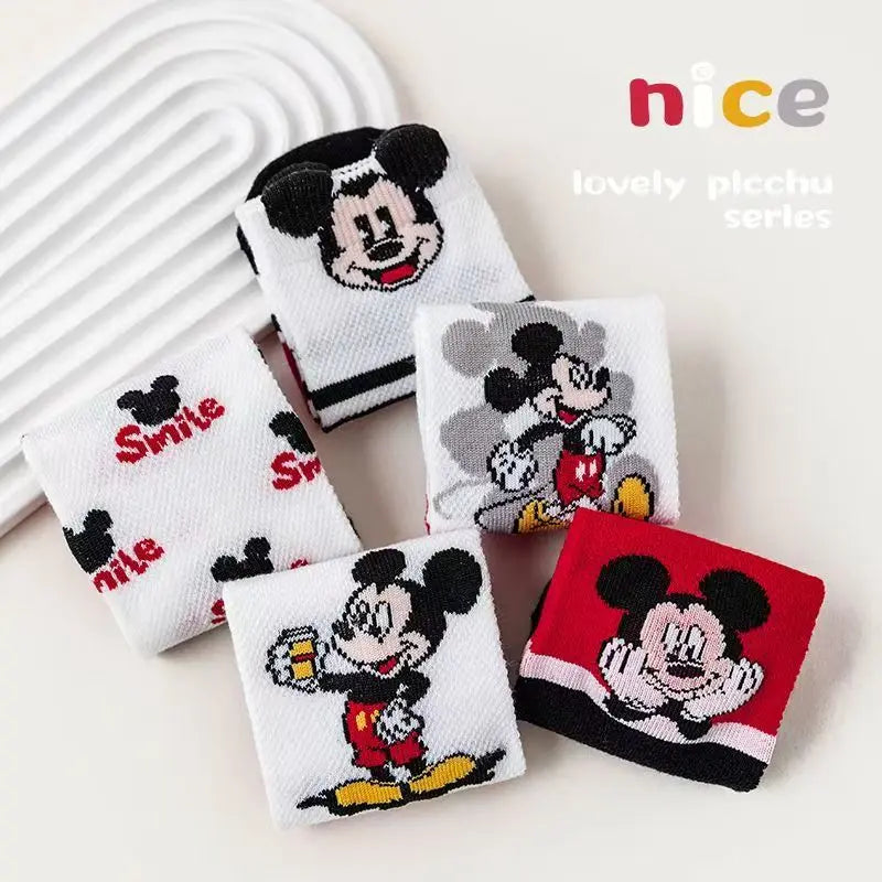 5 Pairs of Girls' Striped Color Block Cartoon Printed Knitted Short Socks Korean Style Breathable Mesh Invisible Ankle Socks