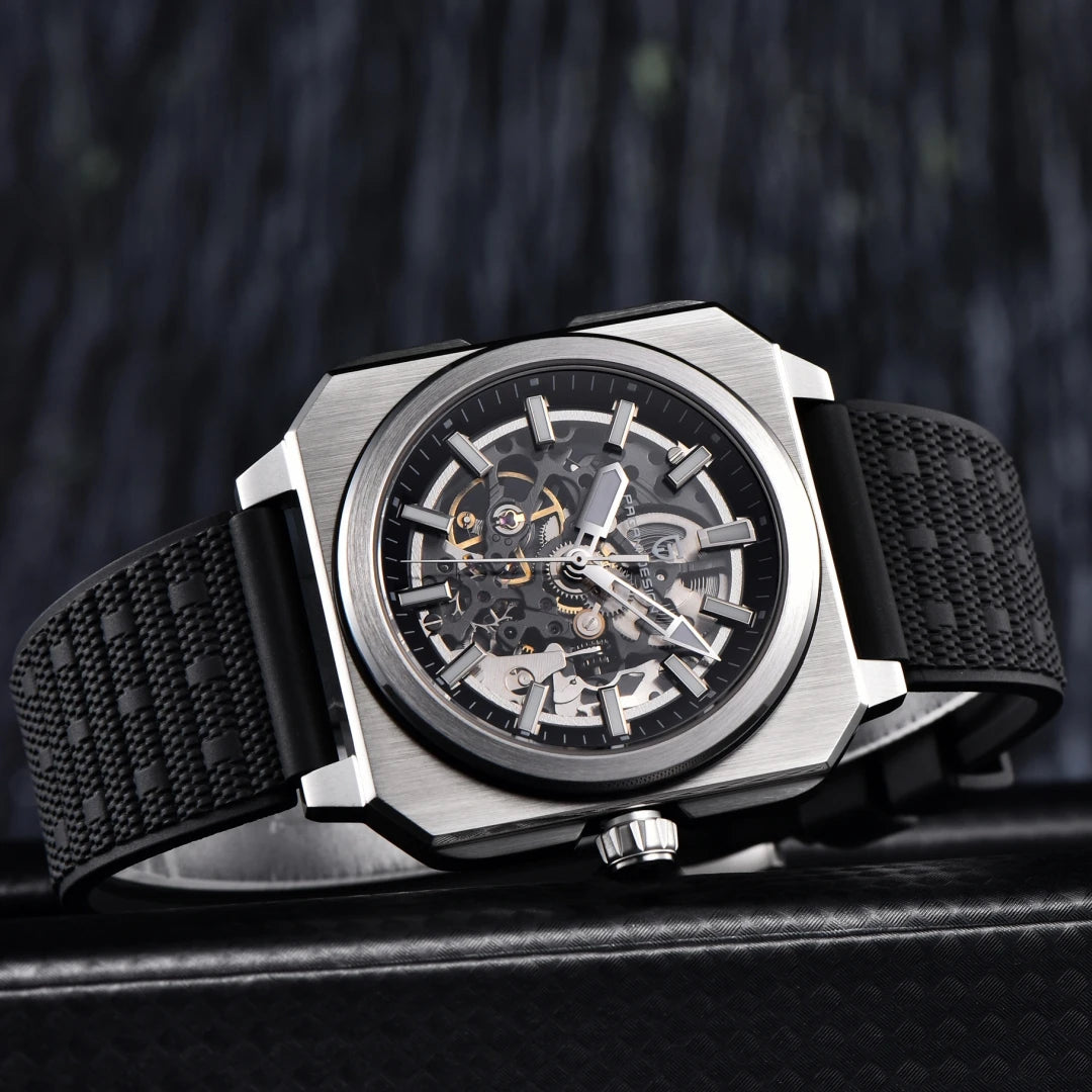 PAGANI DESIGN Sports Square Men's Mechanical Automatic Watch, Waterproof Skeleton Retro Leather Outdoor Sports Luminous Gift Men