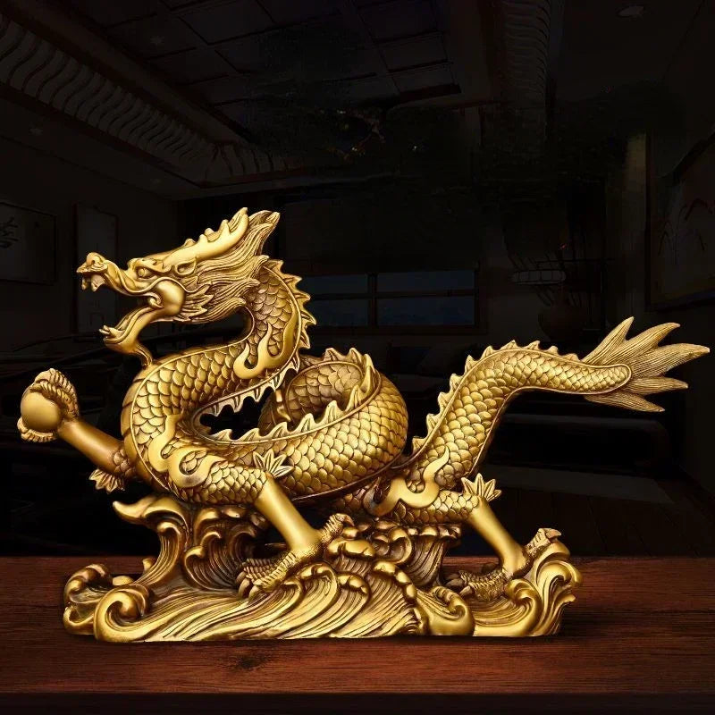 Feng Shui Lucky Copper Dragon Ornaments Wealth Figurine Home Office Desktop Decor