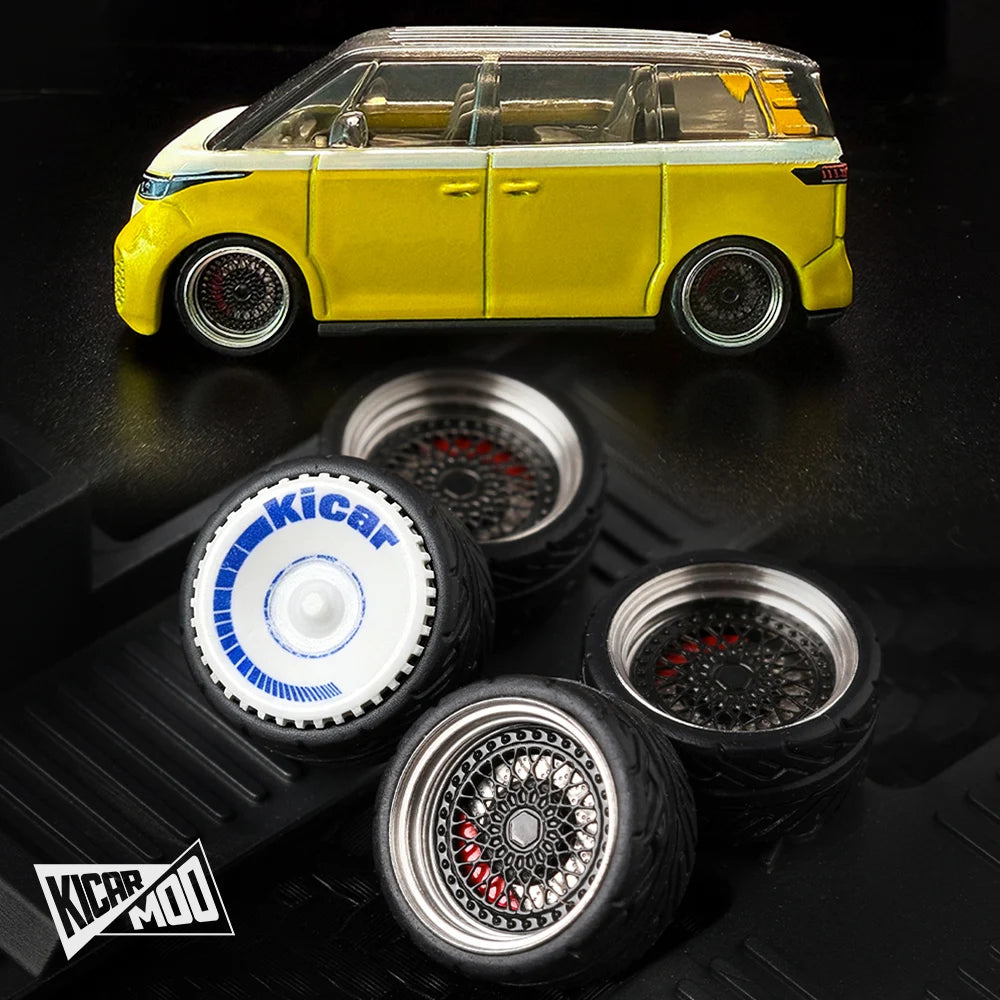 Kicarmod 1/64 10.5mm Alloy Model Wheels with Magnetic Hub Caps-with Rubber Tires for Tomica Custom Diecast Cars