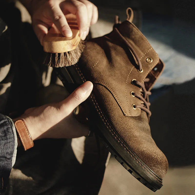 Maden Men Vintage Split Suede Fleece-lined Boots Brown High-Top Work Boots Lace-Up Desert Ankle Rugged Sole Boots Outdoor Shoes