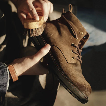 Maden Men Vintage Split Suede Fleece-lined Boots Brown High-Top Work Boots Lace-Up Desert Ankle Rugged Sole Boots Outdoor Shoes