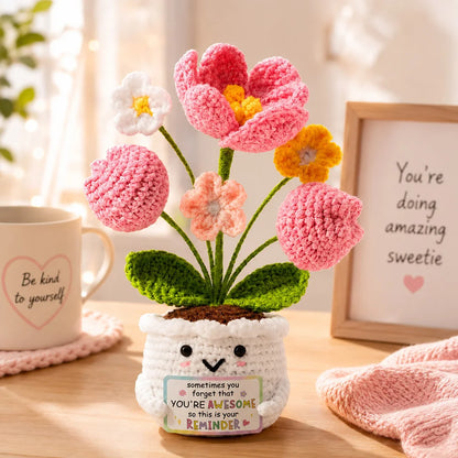 Positive Crochet Handmade Amigurumi Doll Emotional Support Pocket Hug Knit Plant Flower Encouragement Gift for Friends Coworker