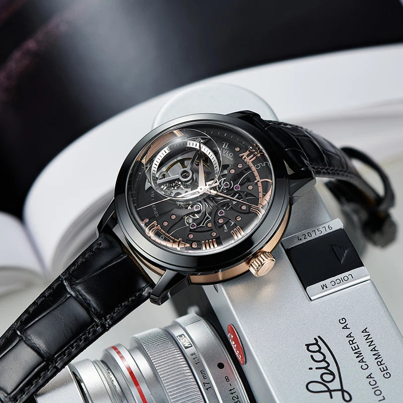 OBLVLO Luxury Retro 45mm Dial Skeleton Automatic Watches For Men Calfskin Strap Mineral Crystal Waterproof Mechanical Watch VM