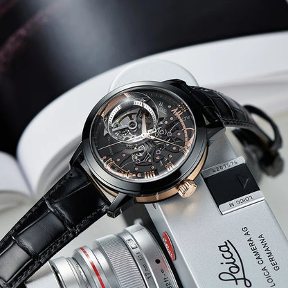 OBLVLO Luxury Retro 45mm Dial Skeleton Automatic Watches For Men Calfskin Strap Mineral Crystal Waterproof Mechanical Watch VM
