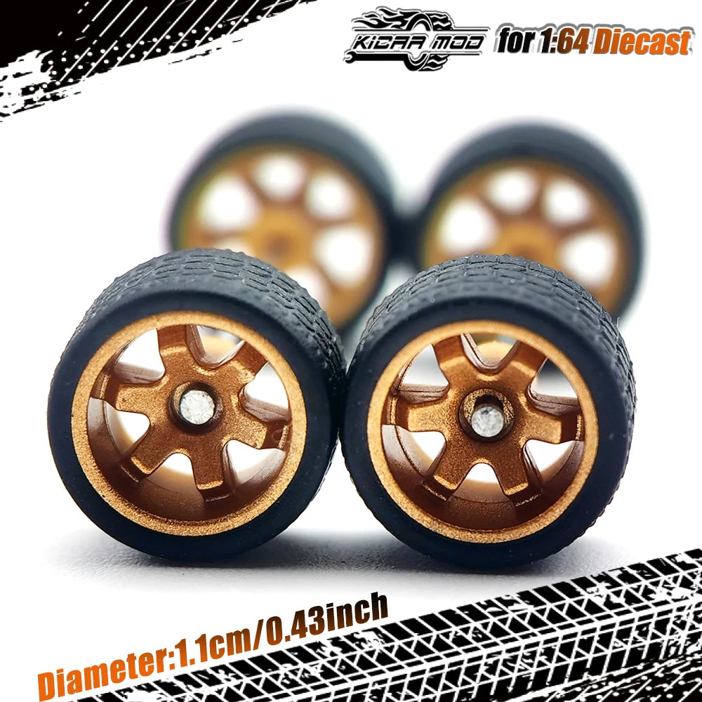 1/64 Wheels with Rubber Tires TE37 Refitting Parts for Diecast Model Car Matchbox Tomica D:11mm 1 Set