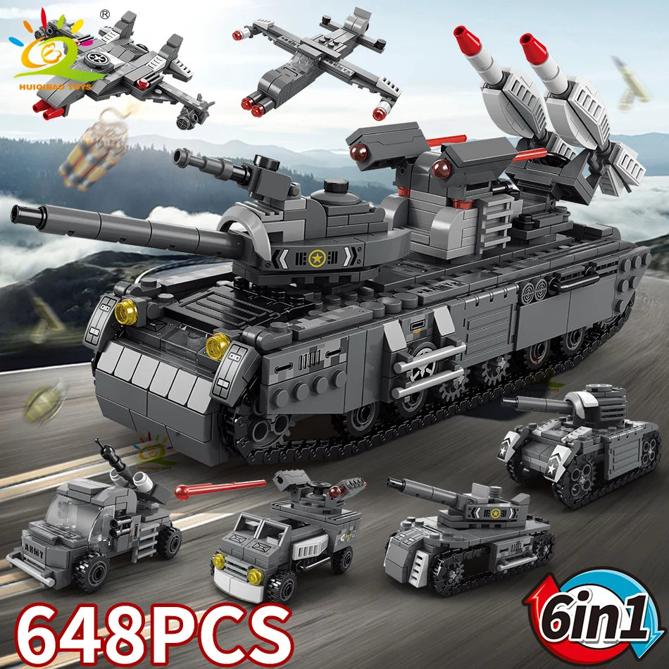 HUIQIBAO Military Tank 648pcs 6in1 Building Blocks Set Truck Plane Army Bricks City Construction Toy For Children Kids Game
