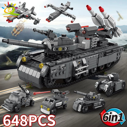 HUIQIBAO Military Tank 648pcs 6in1 Building Blocks Set Truck Plane Army Bricks City Construction Toy For Children Kids Game