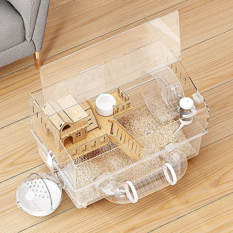Luxury Transparent Acrylic Hamster Cage Large Space Hideout House Small Pet Habitat Feeding Drinking Accessories