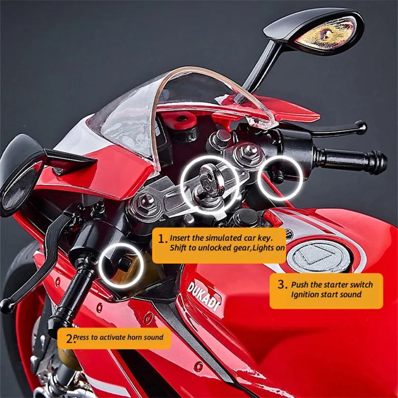 Key Start 1:9 1199 Panigale Alloy Racing Motorcycle Model Diecast Track Sports Motorcycle Model With Spray Sound Light Kids Toys