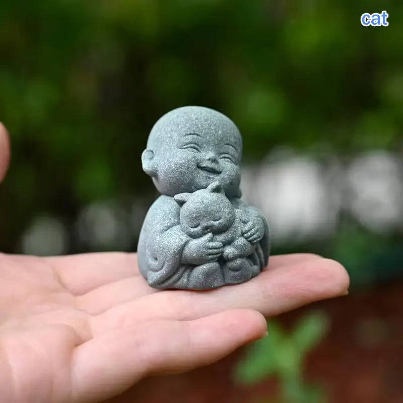 ♫Embracing Animal Monk Statue,Sandstone Finish Zen Baby Buddha Figurine,Mini Spiritual Decor for Home,Office & Garden