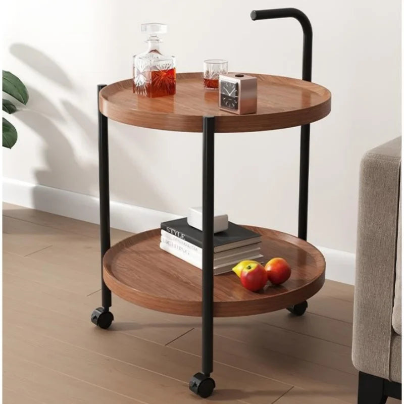 Nordic Style Rolling Side Table Multifunctional Double-Layer Coffee Table with Wheels Hardwood Side Table Movable Small Table