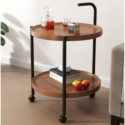 Nordic Style Rolling Side Table Multifunctional Double-Layer Coffee Table with Wheels Hardwood Side Table Movable Small Table
