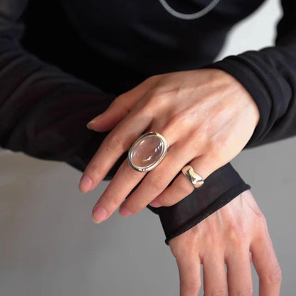 PANJBJ 925 Sterling Silver Geometry Crystal Ring For Women Ellipse Exaggerated Punk Water Drop Open Jewelry Gift Dropshipping