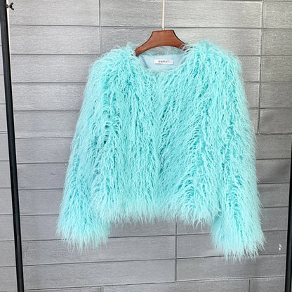 Women's Fur Coat Colorful Furry Pink Lamb Wool Faux Fur Coat Female Shaggy Sheepskin Coat Winter Artificial Fur Jacket