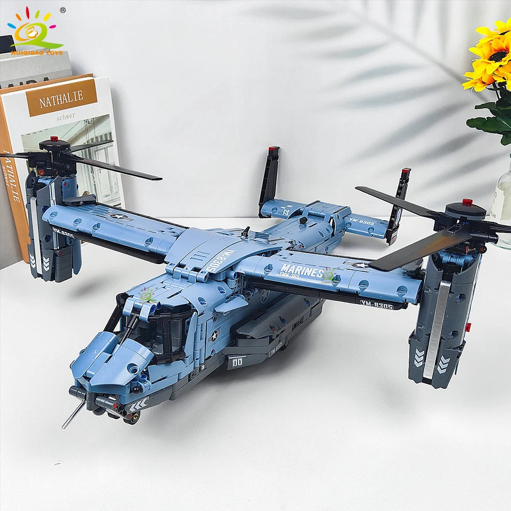 HUIQIBAO MOC V-22 Tiltrotor Aircraft Helicopter Building Block Children Military Airplane Model Bricks Toy Home Decor.