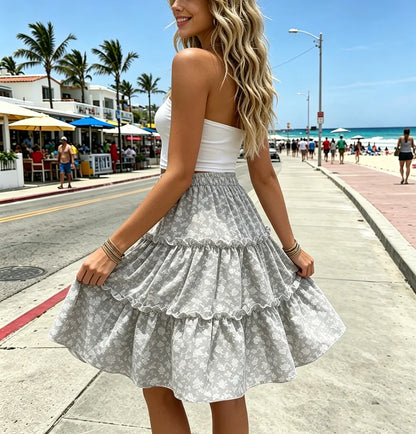 2026Women Summer Floral Print Tiered Cake Skirt Bohemian Elastic High Waist Ruffle Hem A-Line Mini Skirt Casual Beach Holiday