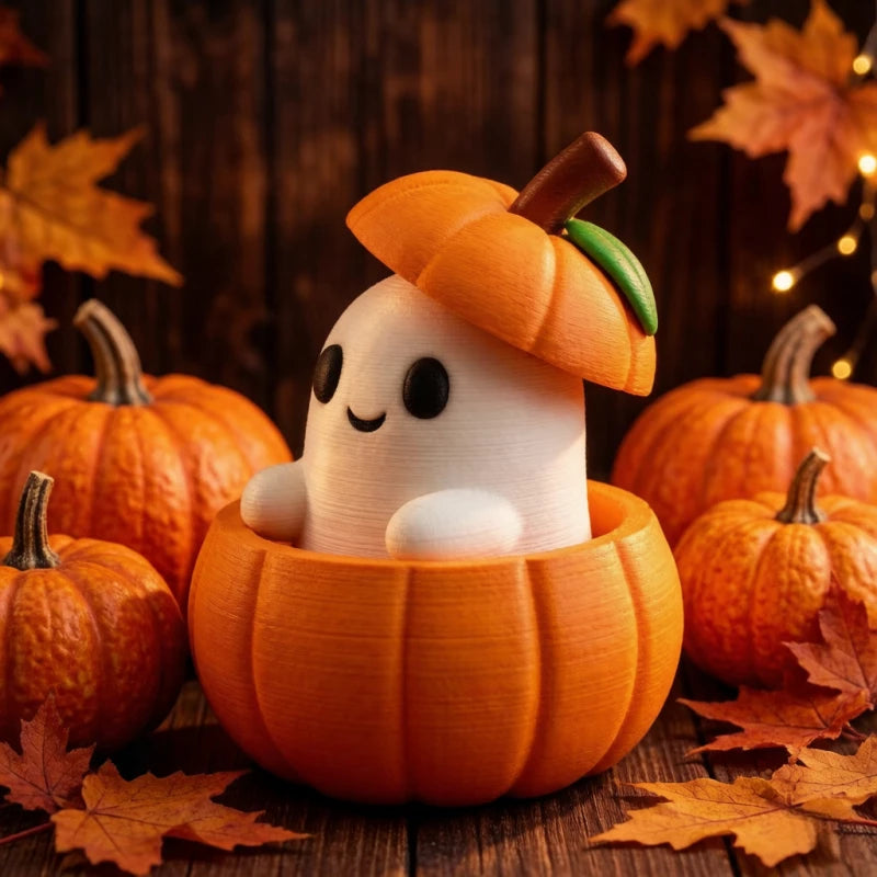 Set Includes Pumpkin Base, Ghost & Hat, Creative 3D Printed Halloween Pumpkin Elf Decor, Desktop Ornament for Holiday Scene, Hom
