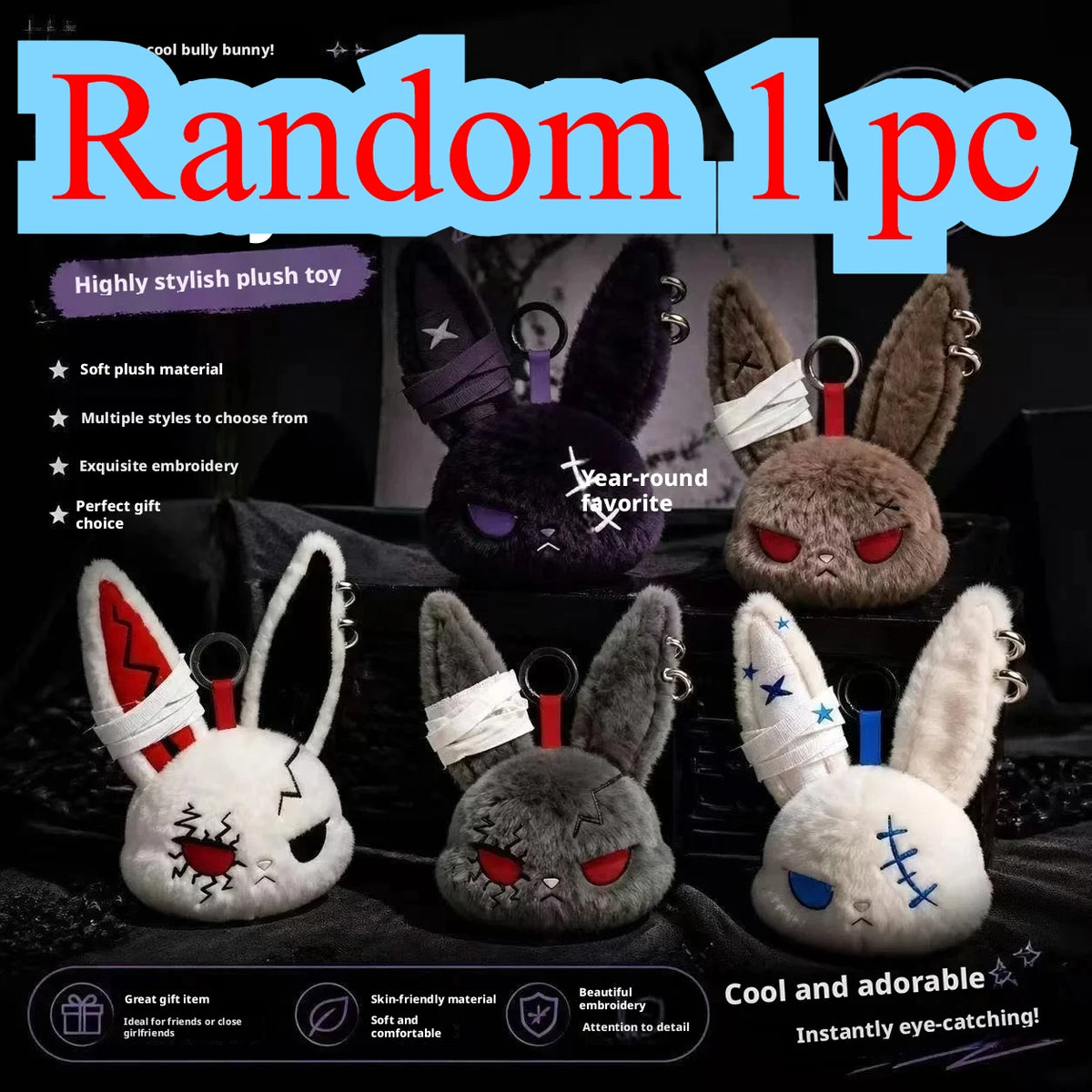 HOT Gothic Bunny Plush Keychain RabbitBag Charm with Bandage Desian Kawaii Key Ring Pendant Car Bag Ornament Halloween gifts