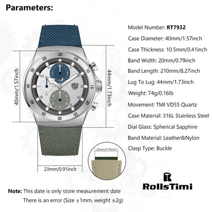 2026 RollsTimi New Men's Watches Two-color Nylon Quartz Watch Men Sport Chronograph Japan Movt AR Sapphire Glass Wristwatch Men