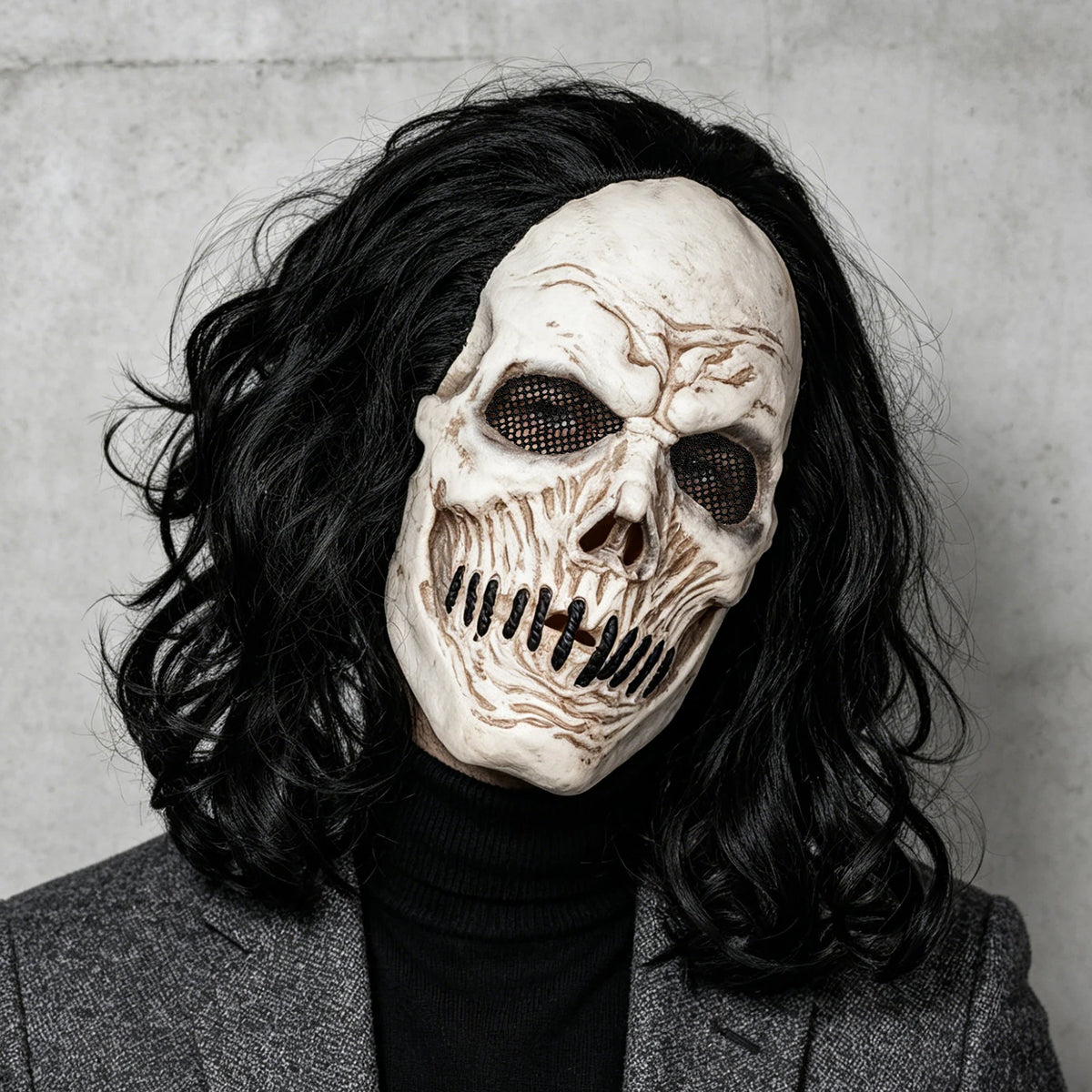 Black Long-Haired Skull Mask, Perfect for Holiday Parties, Halloween Pranks, Masquerade Balls, and Carnival Parties, Made of Latex