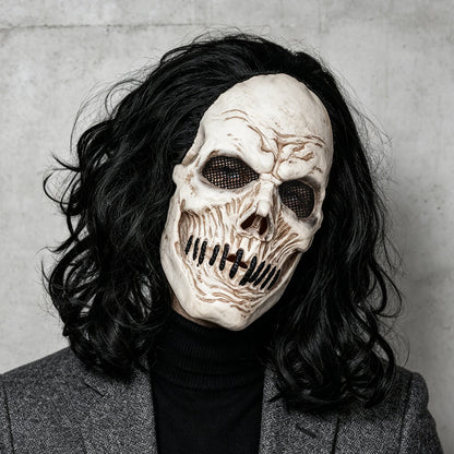 Black Long-Haired Skull Mask, Perfect for Holiday Parties, Halloween Pranks, Masquerade Balls, and Carnival Parties, Made of Latex