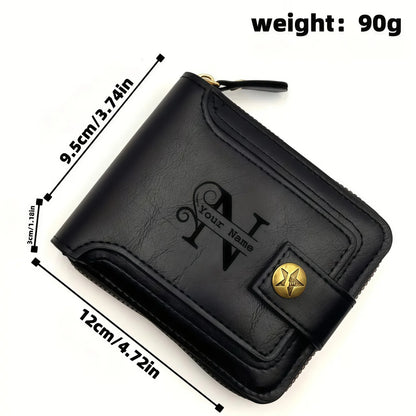 Personalized  PU Leather Chain Short Wallet For Man, Engraved Name&Text Bifold Stylish Brown Wallet For Man Valentines Birthday