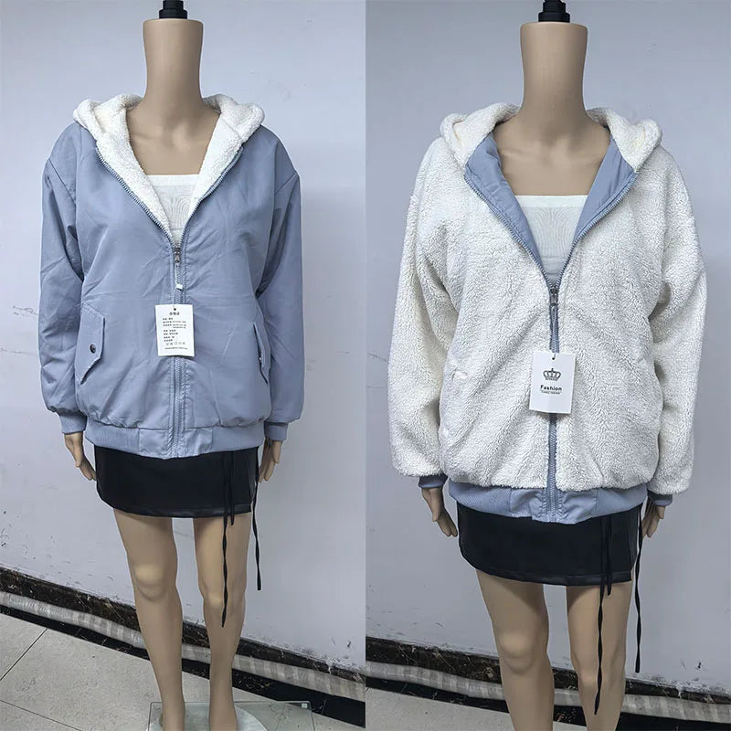 Lucyever Two-Sided Wear Fleece Warm Jacket Women Autumn Winter New Zipper Hooded Parkas Coat Female Loose Thick Thermal Outwear
