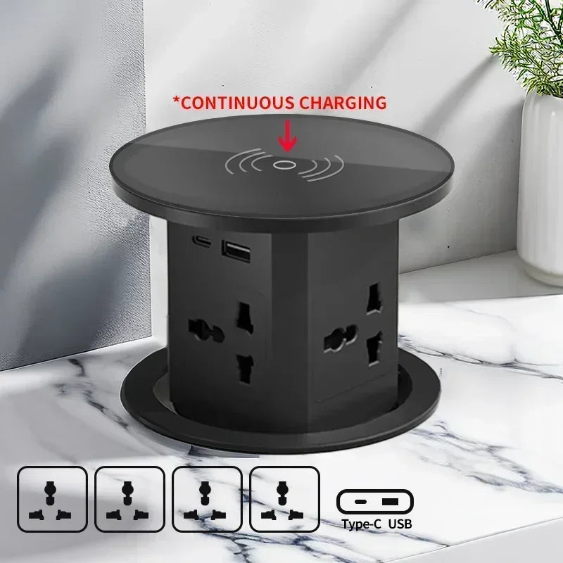 Hydraulic Lifting Socket Automatic Pop  Up Wireless Charge Universal/US/UK/TL Plug Adapter Hidden Four Sided Socket Power Supply