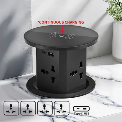 Hydraulic Lifting Socket Automatic Pop  Up Wireless Charge Universal/US/UK/TL Plug Adapter Hidden Four Sided Socket Power Supply