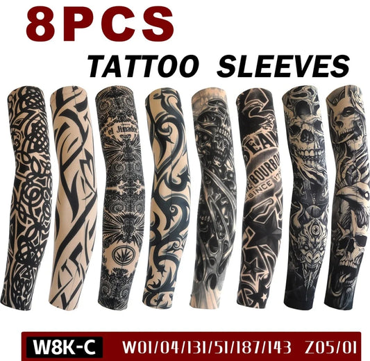 8PCS Fake Temporary Full Arm Tattoo Sleeves UV Protection Stretchy Breathable Sun Sleeves Unisex Outdoor Sports Driving Fishing