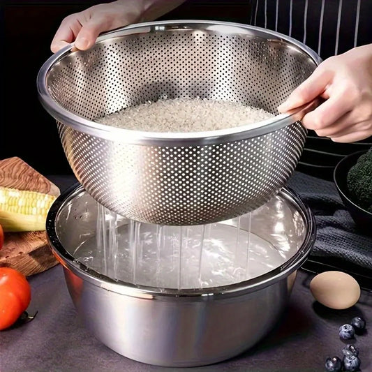 2pcs Stainless Steel Colander Mixing Bowl Set Rice Washer Strainer Filter Home Kitchen Accessories Supplies Tools