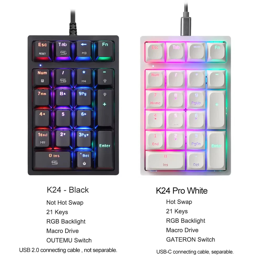 K24Pro 21Keys Number Pad Mechanical Numeric Keypad Hot-Swap Wired Motospeed Numpad Gaming Mini Keyboard Programming Keypads