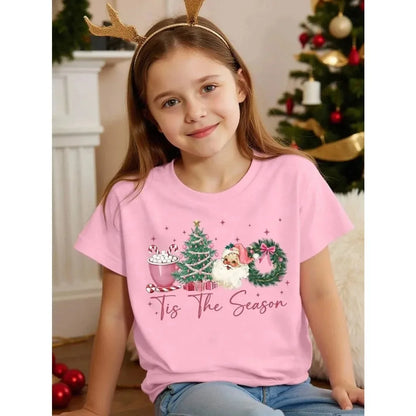 Children's 67 Christmas Elf Print Girls Short Sleeve Round Neck Tee Parties Casual Wear Comfort Children Clothes Girl Clothing
