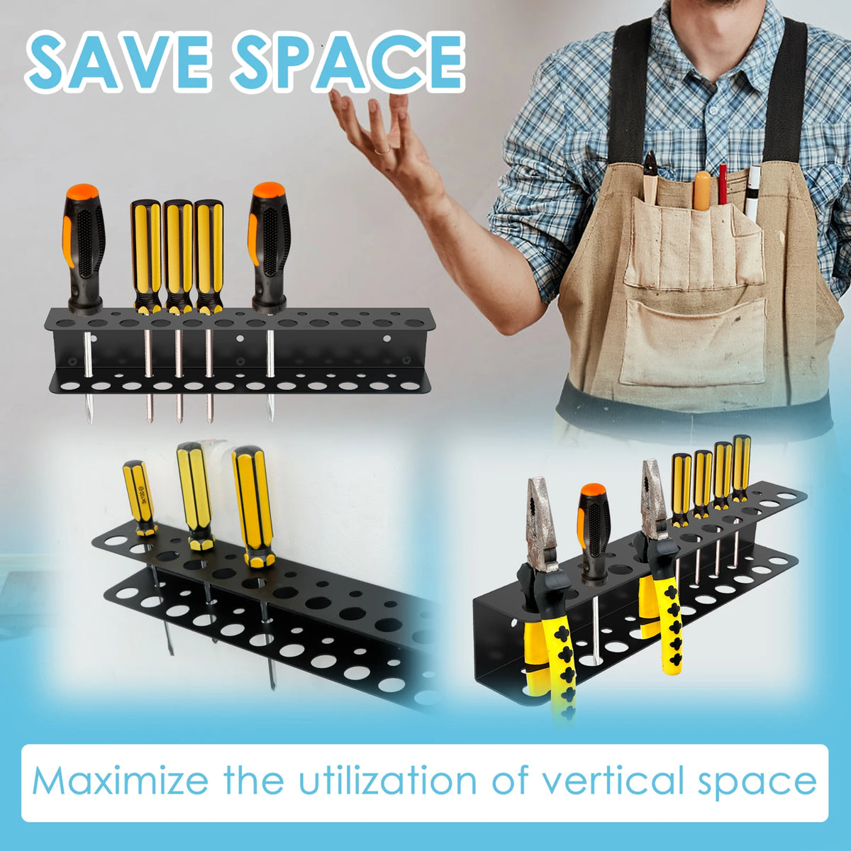 Metal Screwdriver and Pliers Organizer Wall-Mounted Tool Rack with Tool Slots Space-Saving Rustproof Garage Workshop Storage
