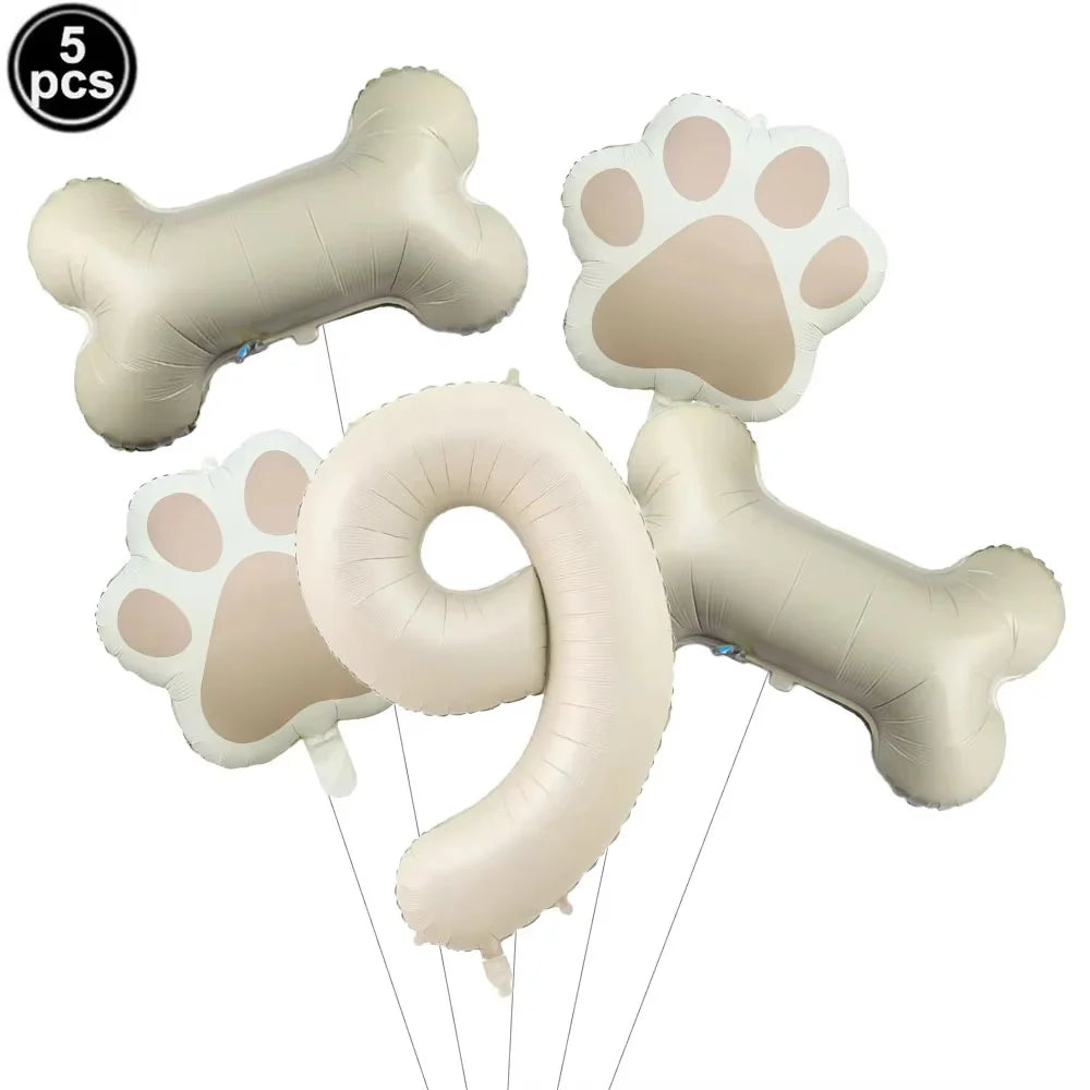5pcs Dog Party Balloons 32inch Cream Number Balloon Bone Shaped Foil Balloon for Pets Party Birthday Decorations