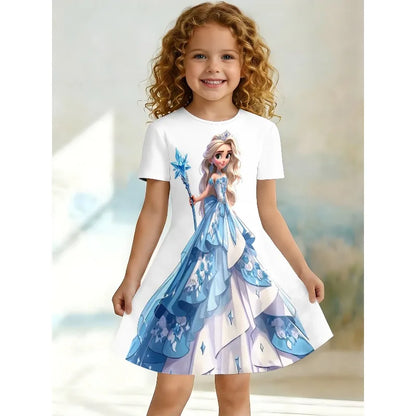 Girl Ice Princess Printed T-shirt Dress, Blue and White Fairy Tale Children's Party Casual Dress Suitable for Birthday Gifts