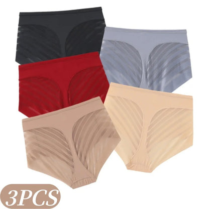 3Pcs/Set Shapewear Women Mid-Rise Shaping Briefs with Mesh Striped Back Plus Size Slimming Underwear Comfort Wear Panties M-3XL
